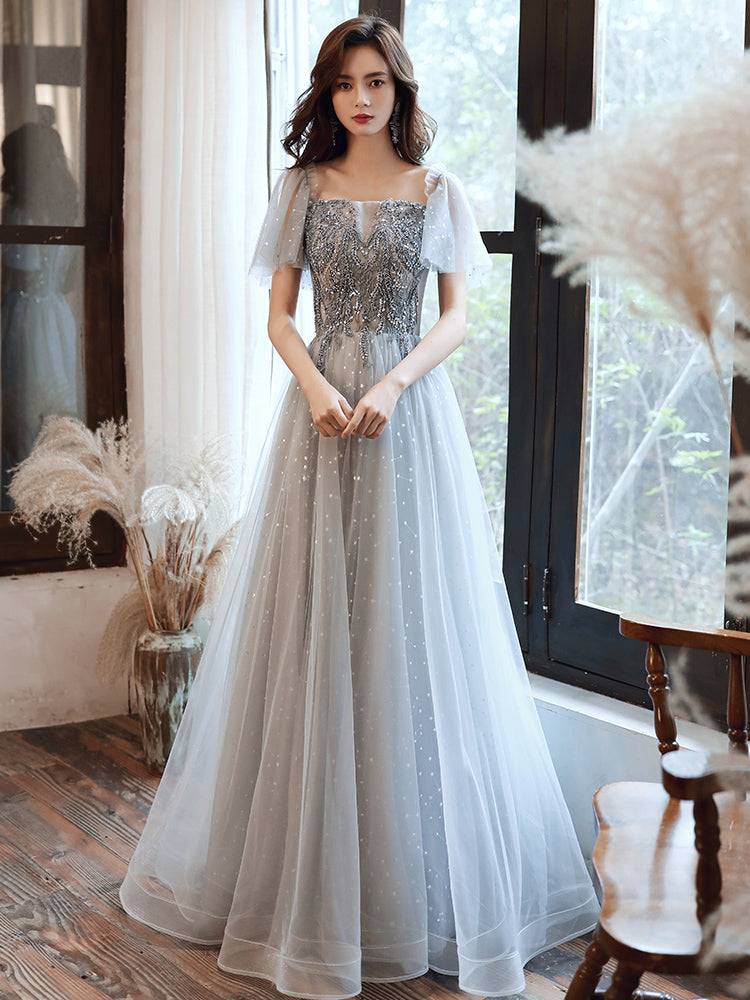 Gray tulle beads prom dress evening dress  8378