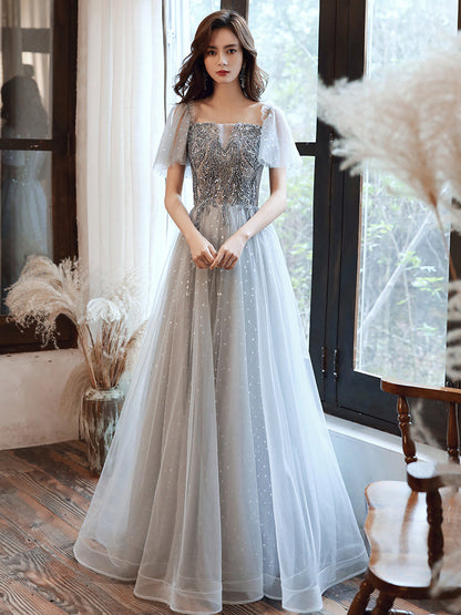 Gray tulle beads prom dress evening dress  8378