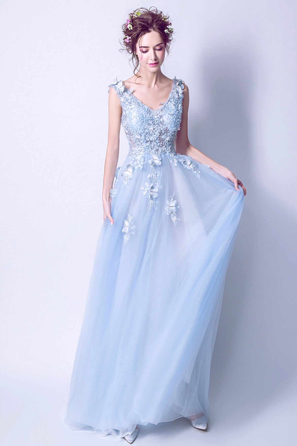 Blue tulle lace long A line prom dress blue evening dress  8753