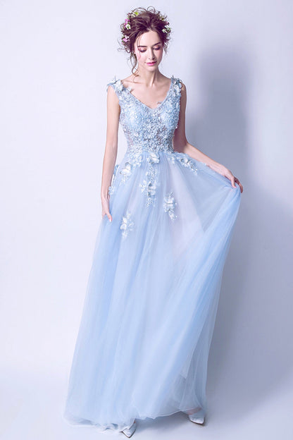 Blue tulle lace long A line prom dress blue evening dress  8753