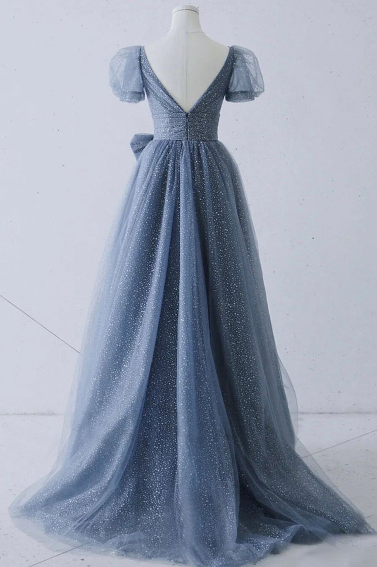 Blue v neck tulle long A line prom dress evening dress  8691