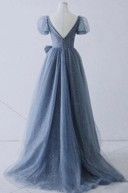 Blue v neck tulle long A line prom dress evening dress  8691