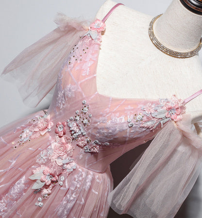 Pink v neck tulle long prom dress evening dress  8455