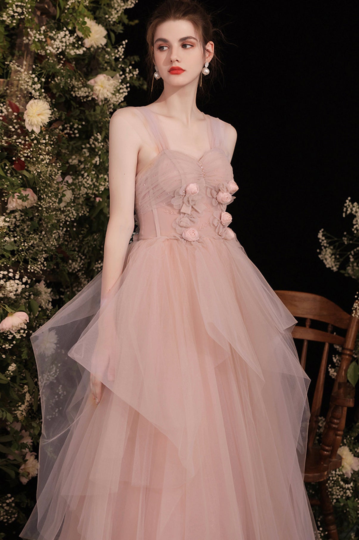 Pink tulle long A line prom dress pink evening dress  8732