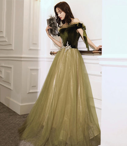Green velvet tulle long A line prom dress evening dress  8828