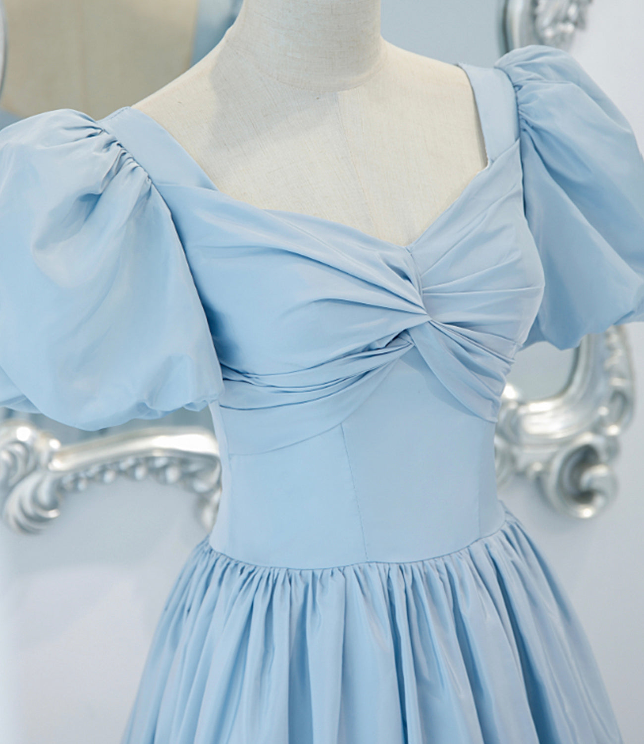 Blue satin long A line prom dress blue evening dress  8837