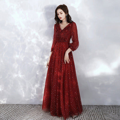 Burgundy lace long sleeve prom dress evening dress  8985