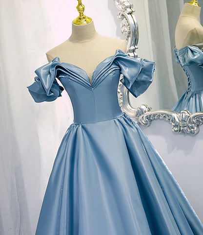 Shiny satin long A line prom dress blue evening dress  8845