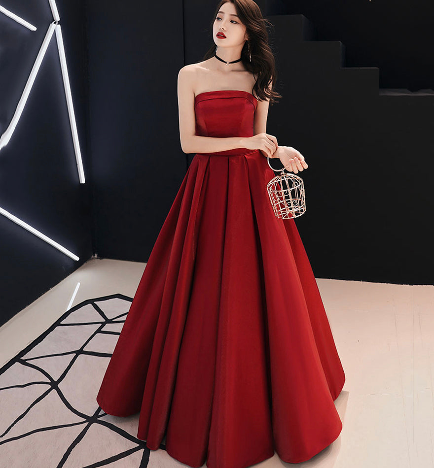 Simple satin long prom dress burgundy evening dress  8523