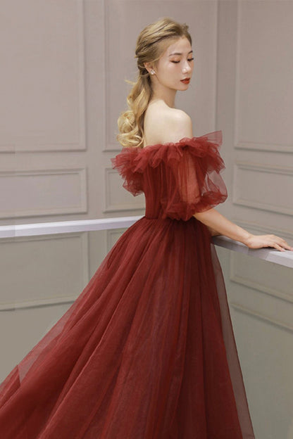 Burgundy tulle long prom dress A line evening dress  8579