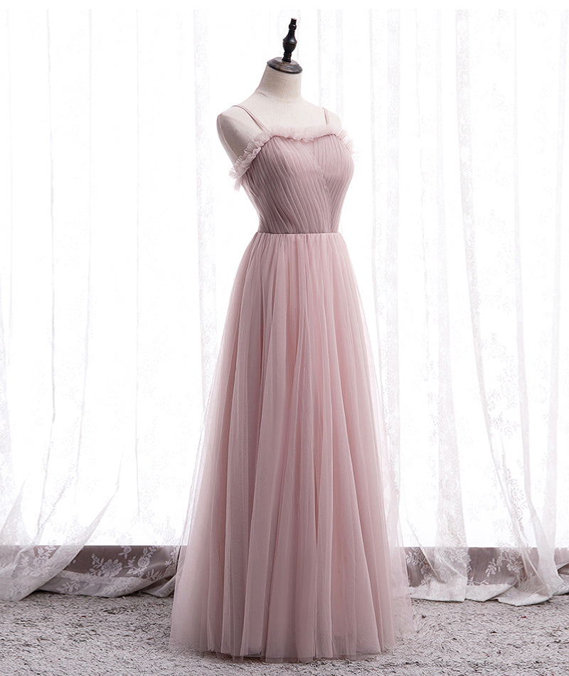 Pink tulle long prom dress simple evening dress  8399