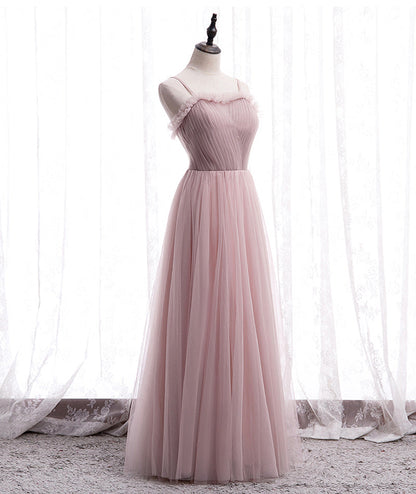 Pink tulle long prom dress simple evening dress  8399