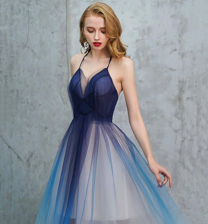 Blue v neck tulle long prom dress blue evening dress  8443