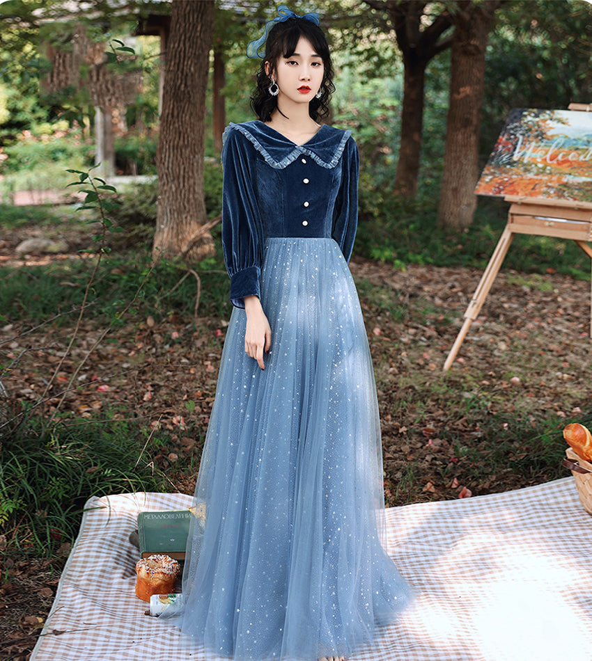 Blue velvet tulle long prom dress blue evening dress  8533