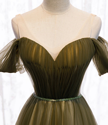 Green tulle long A line prom dress green evening dress  8929