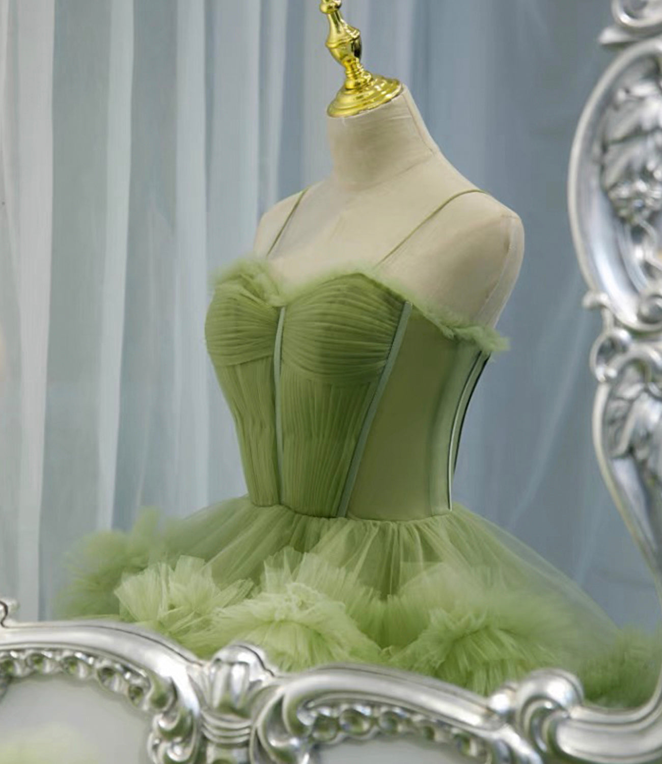 Green tulle long A line prom dress green evening dress  8836