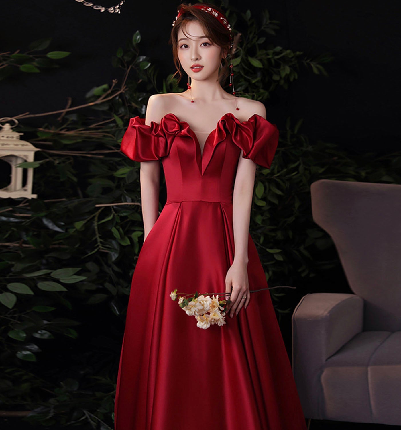 Burgundy satin long prom dress evening dress  8971