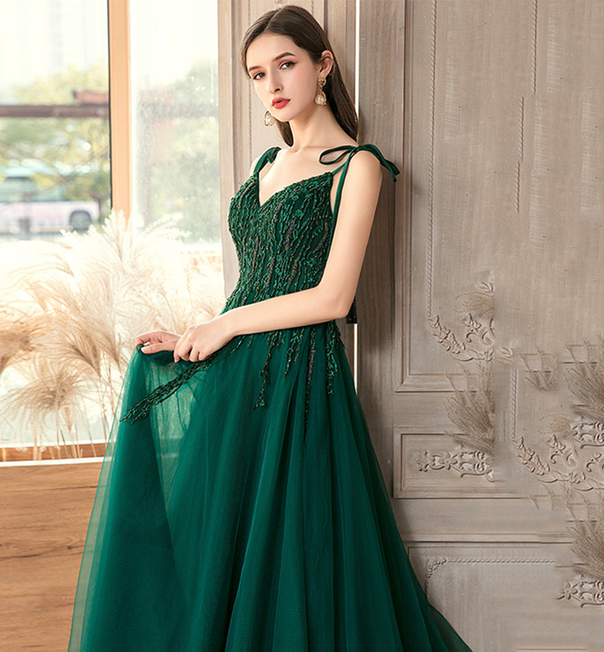Green tulle lace long prom dress evening dress  8458