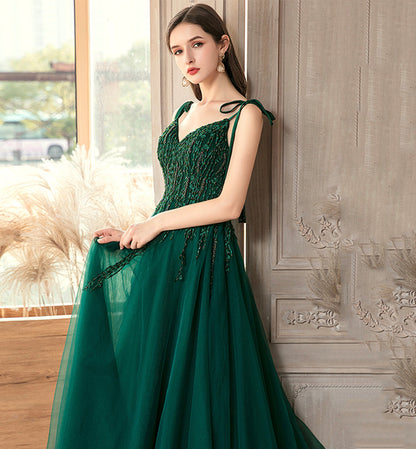 Green tulle lace long prom dress evening dress  8458