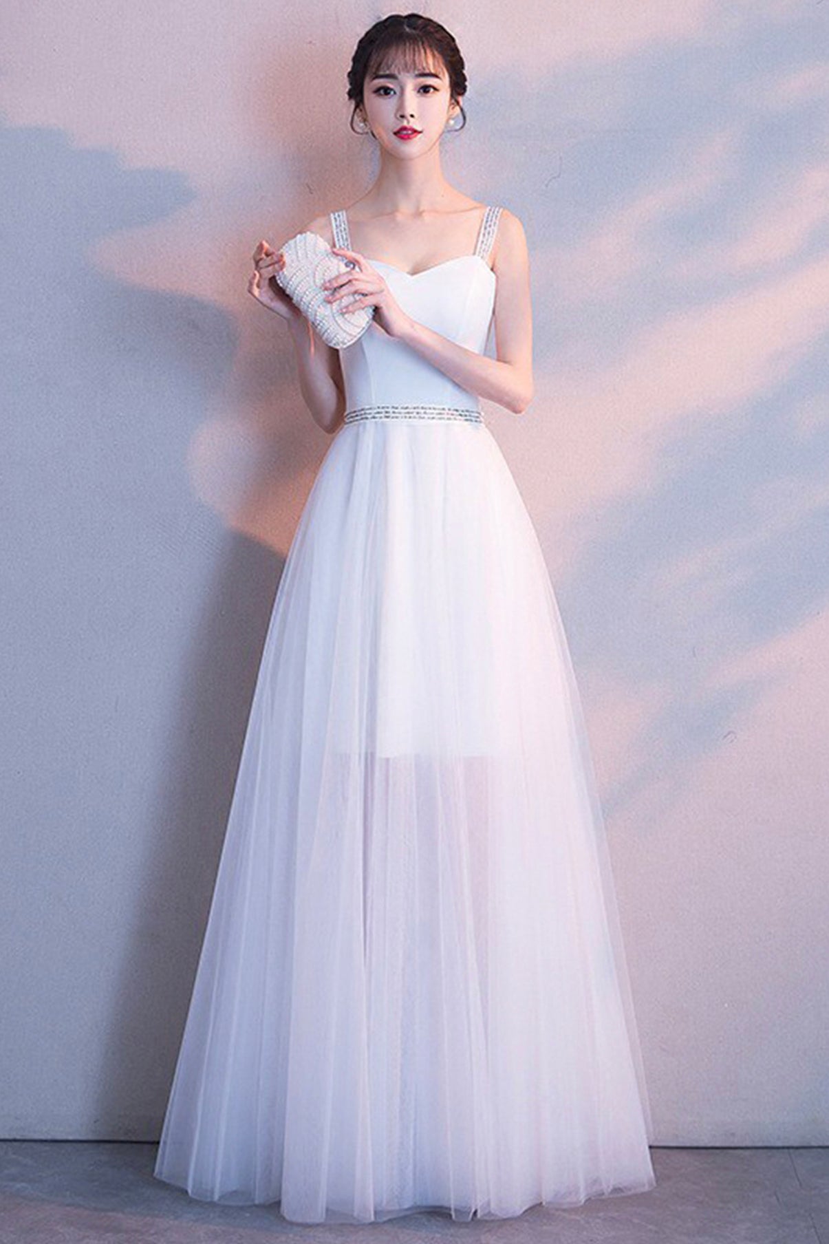White tulle long A line prom dress white evening dress  8669
