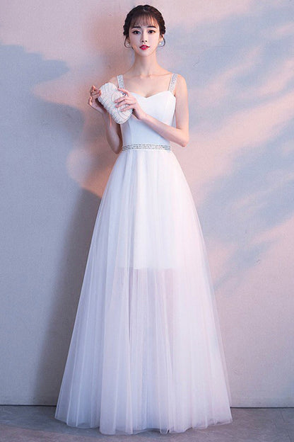 White tulle long A line prom dress white evening dress  8669