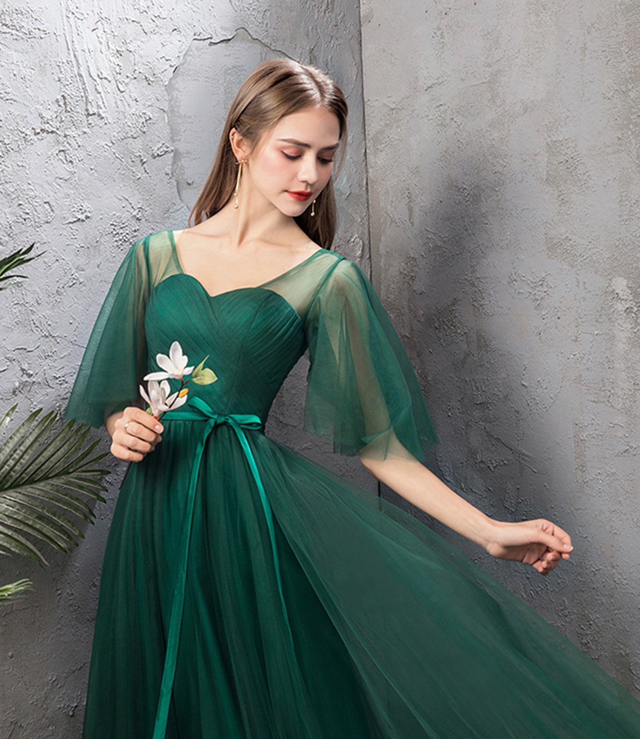 Green tulle long A line prom dress green evening dress  8868
