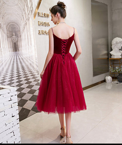 Burgundy velvet tulle short prom dress party dress  8392