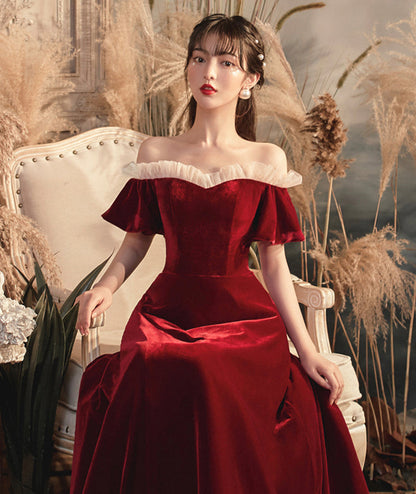 Burgundy velvet long prom dress evening dress  8383