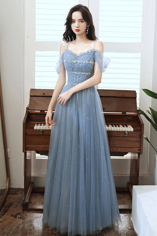 Blue tulle beads long A line prom dress evening dress  8713