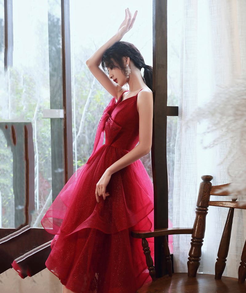 Burgundy v neck tulle sequins prom dress homecoming dress  8408