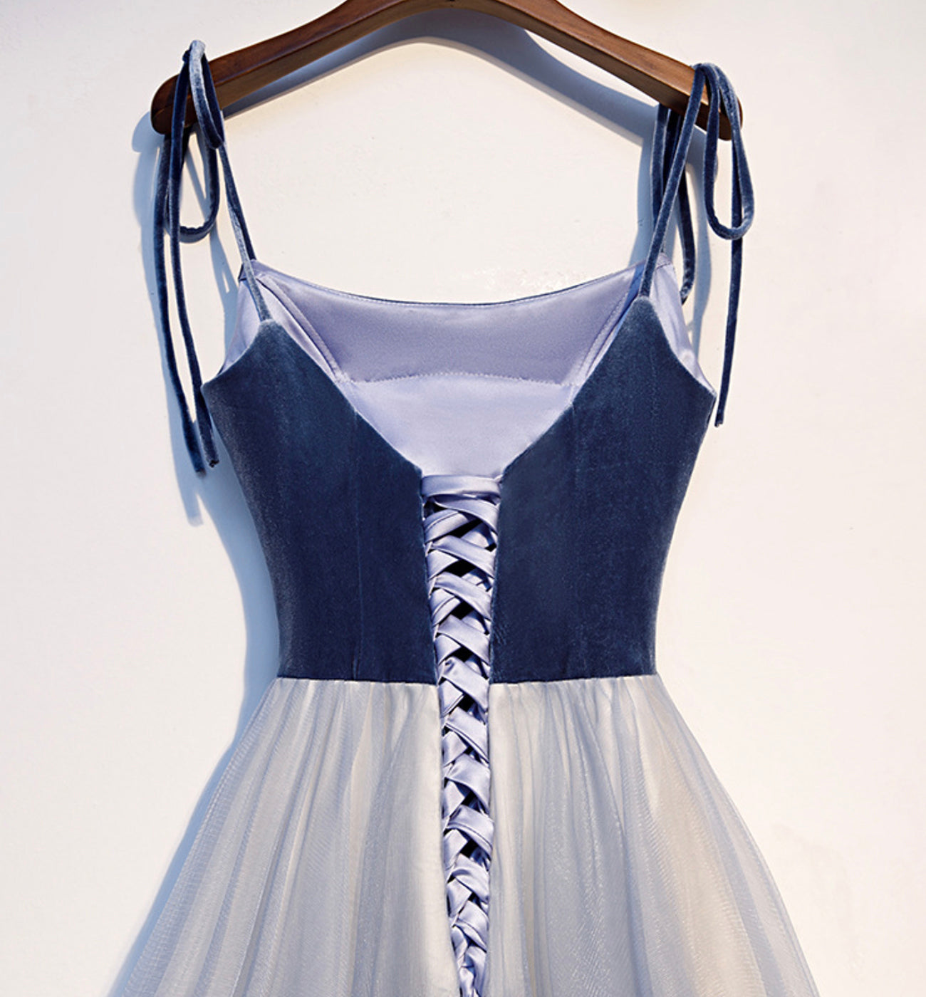 Blue velvet tulle long prom dress blue evening dress  8585