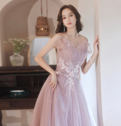 Pink tulle lace long A line prom dress evening gown  8952