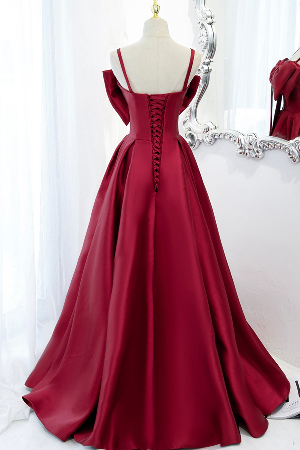 Burgundy satin long A line prom dress evening dress  8825