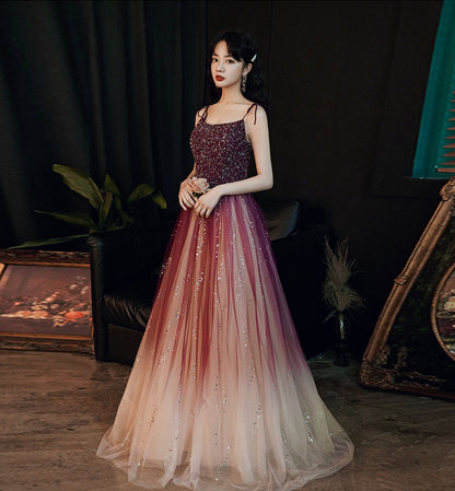 Burgundy tulle beads long prom dress evening dress  8459