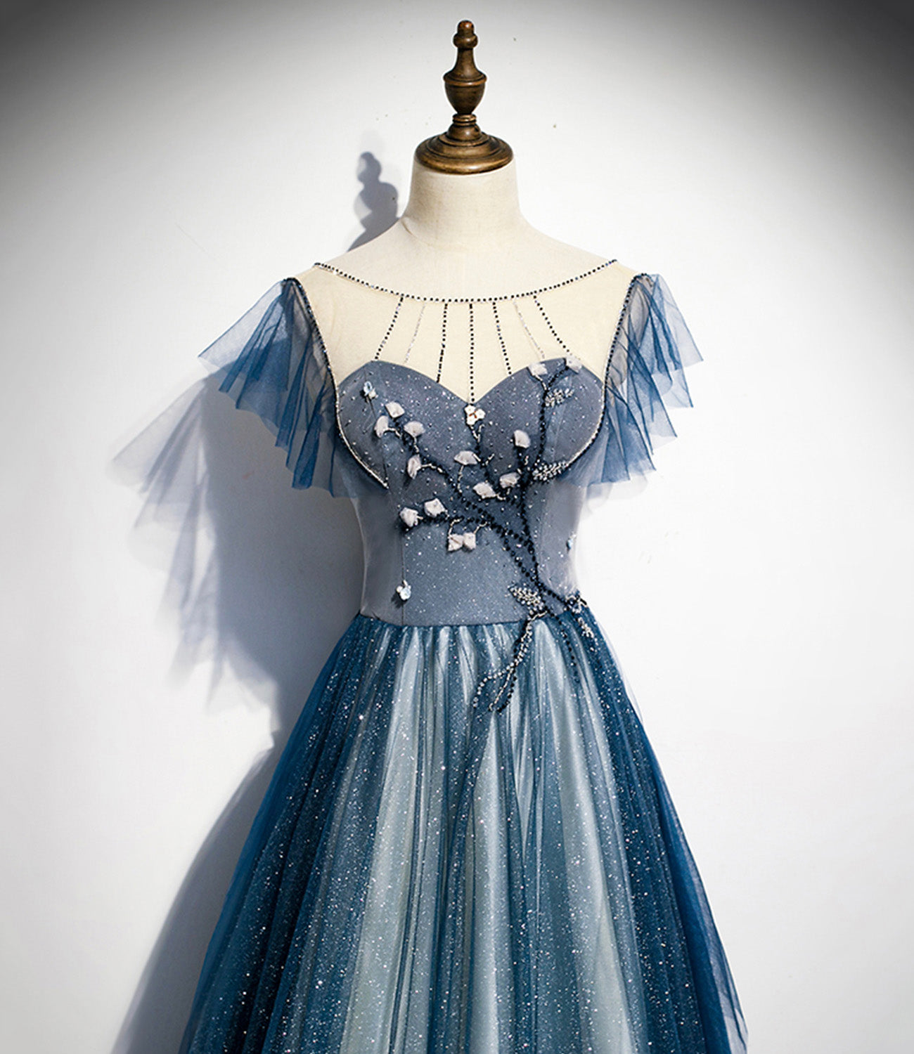 Blue tulle long A line prom dress blue evening dress  8928