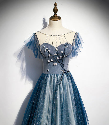 Blue tulle long A line prom dress blue evening dress  8928