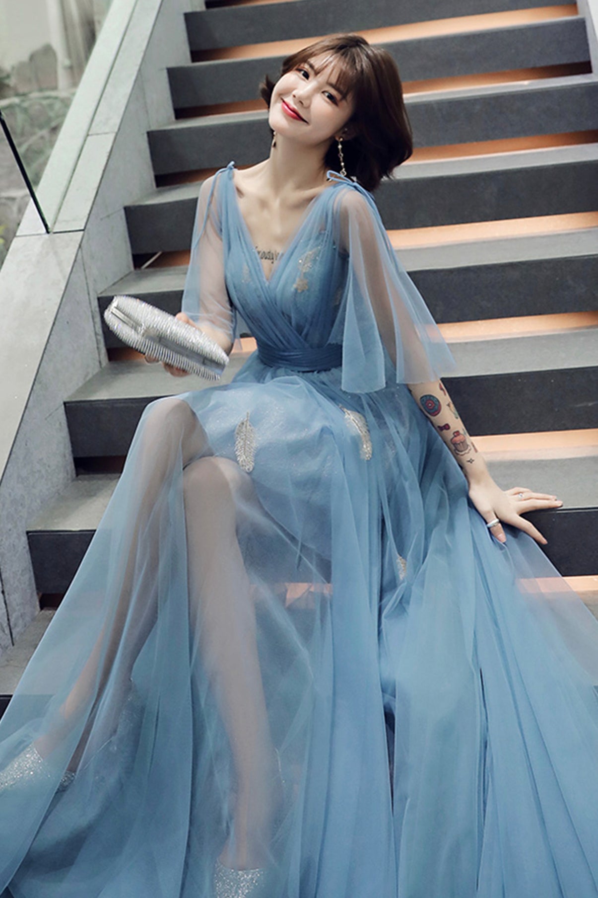 Blue tulle long A line prom dress blue evening dress  8760