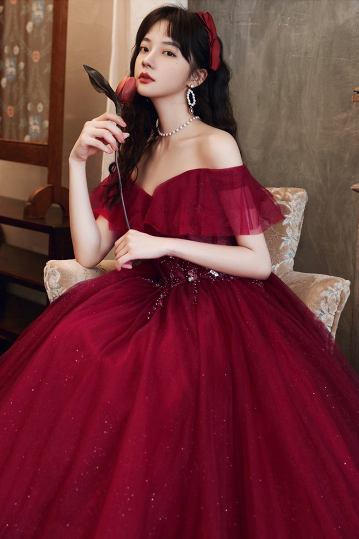 Burgundy tulle long A line prom dress evening dress  8687