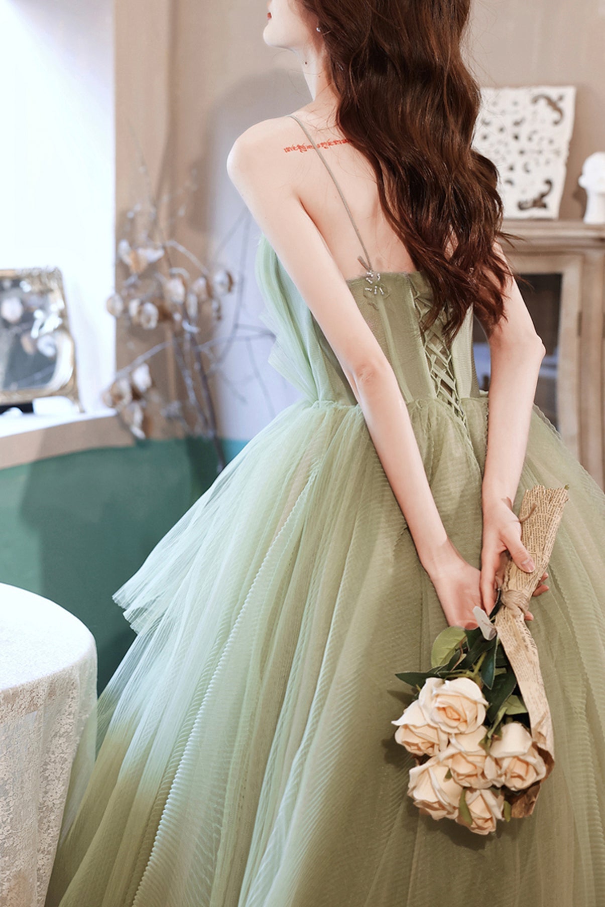 Green tulle long A line prom dress evening dress  8704