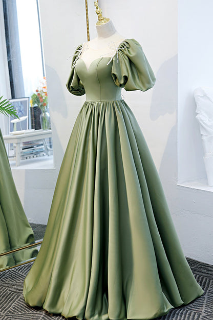 Green satin long A line prom dress evening dress  8745