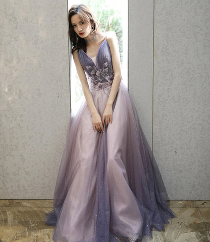 Purple tulle long A line prom dress purple evening dress  8926