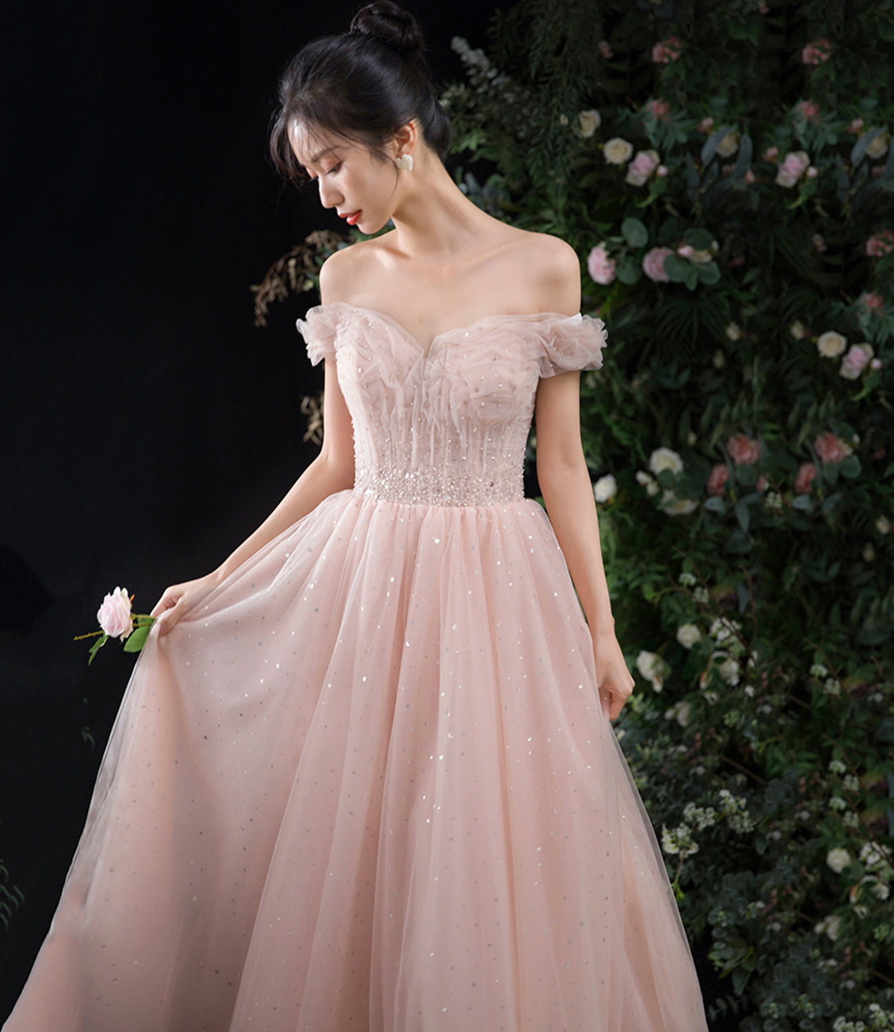 Pink tulle long A line prom dress pink evening dress  8891