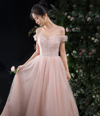 Pink tulle long A line prom dress pink evening dress  8891