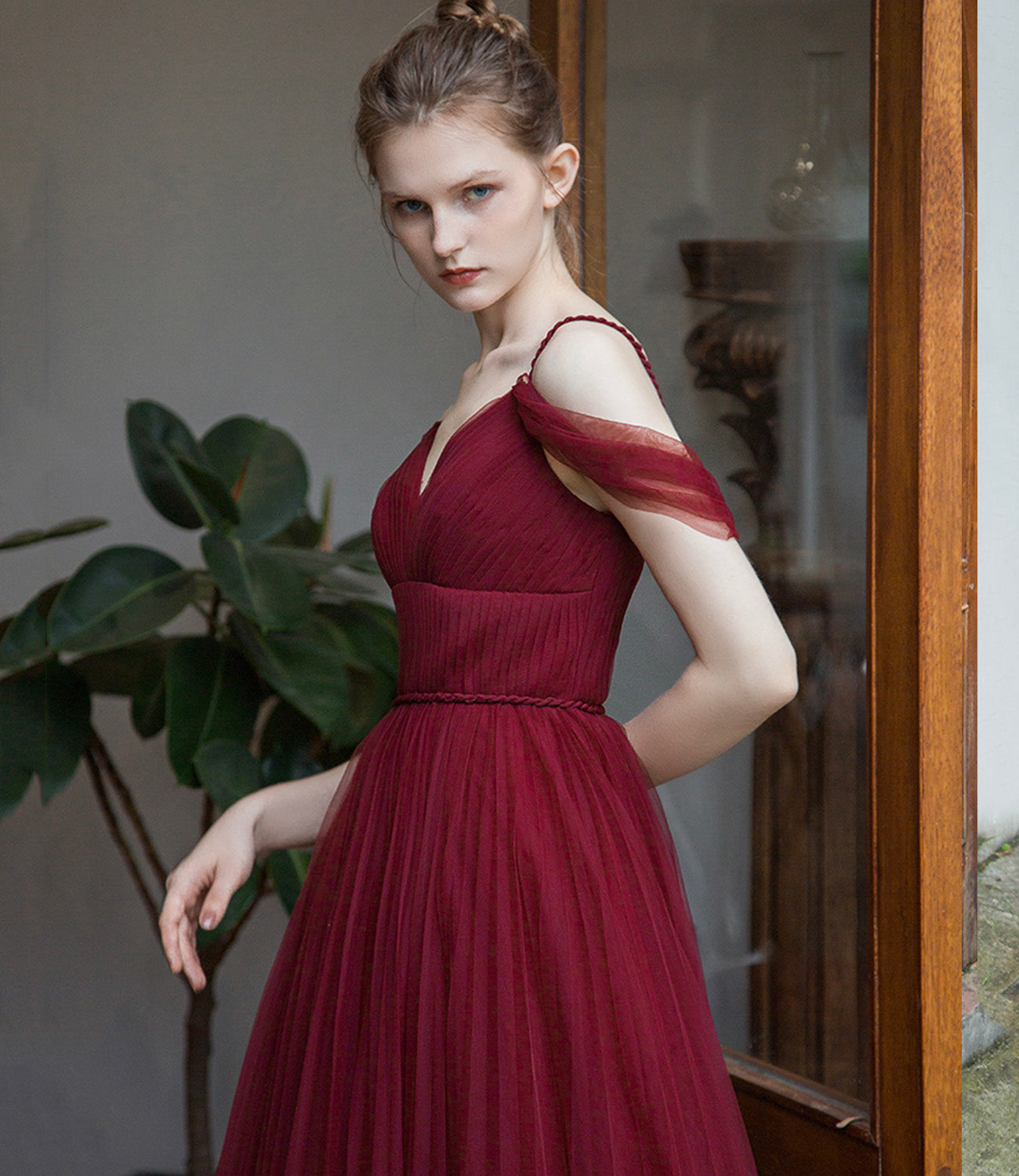 Burgundy tulle long prom dress simple evening gown  8941