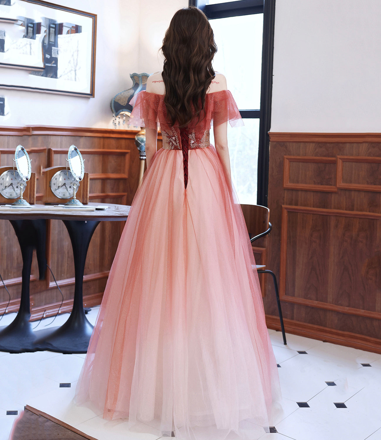 Burgundy tulle long A line prom dress evening dress  8920