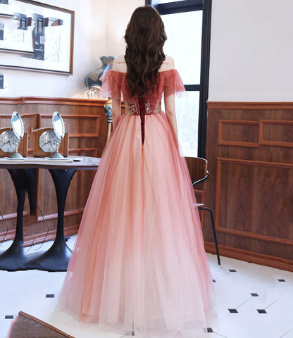 Burgundy tulle long A line prom dress evening dress  8920