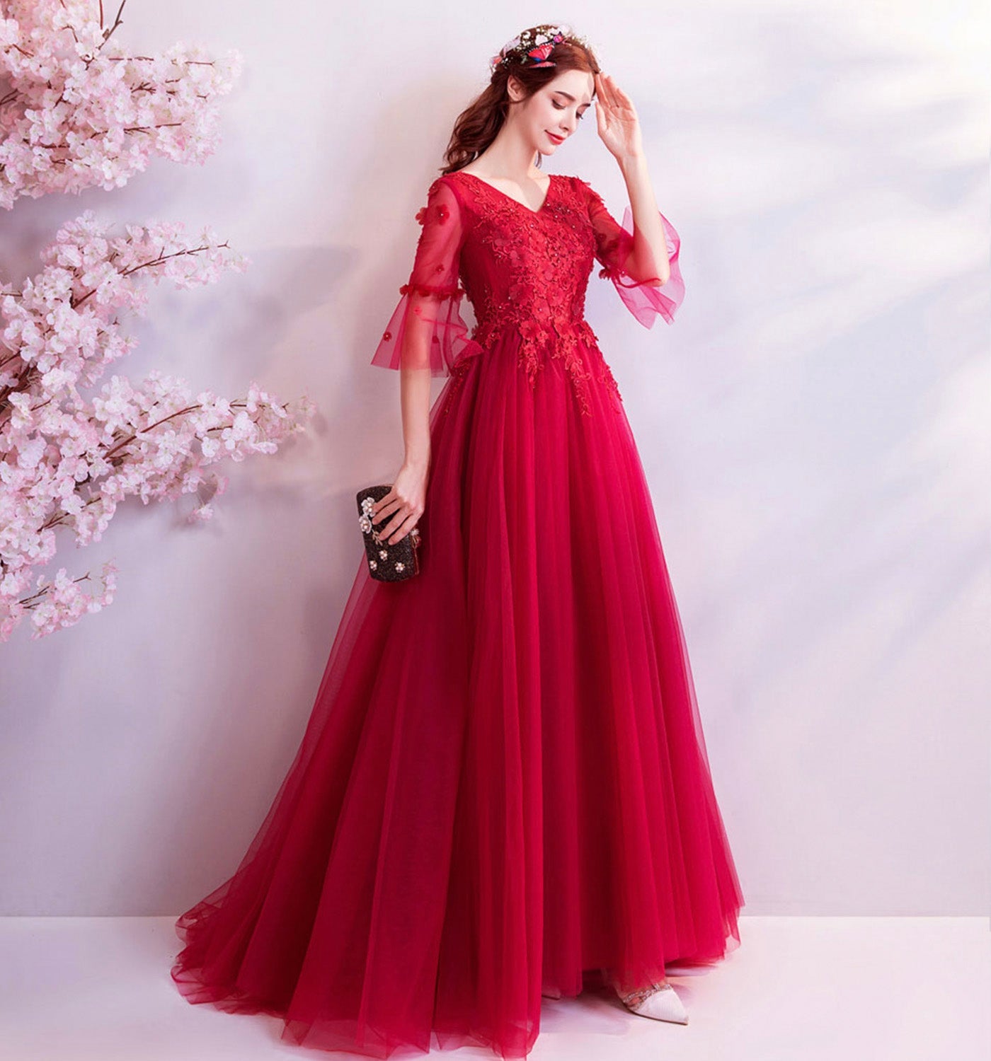 Red v neck lace long prom dress A line evening gown  8934