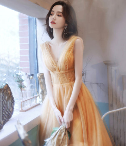 Yellow tulle short A line prom dress yellow evening dress  8933