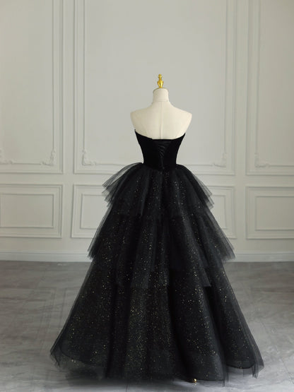 Black Strapless Layered Velvet Tulle Long Prom Dress Evening Dress SH1617