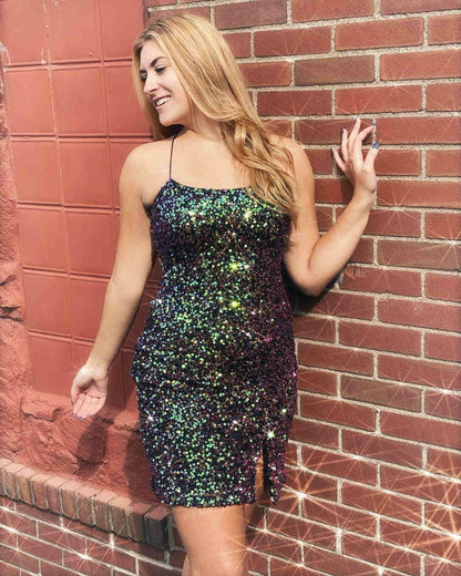 PM138, Cute Tight Sequins Homecoming Dress with Slit